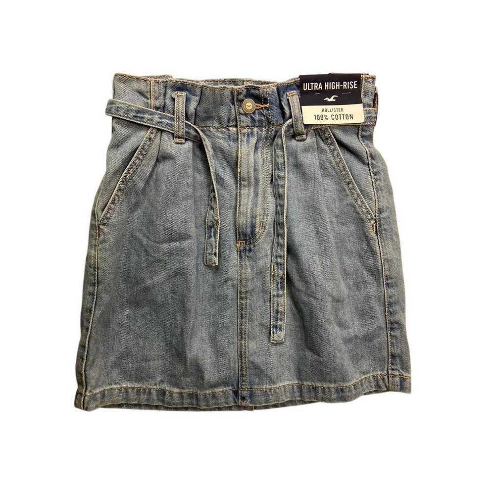 Hollister Denim Mini Skirt Womens 0 W24 Blue NEW Ultra High Rise Paperbag Waist